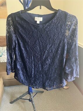ELLE Blue Floral Lace Sheer Round Neck 3/4 Bell Sleeve Pullover Blouse M # 401